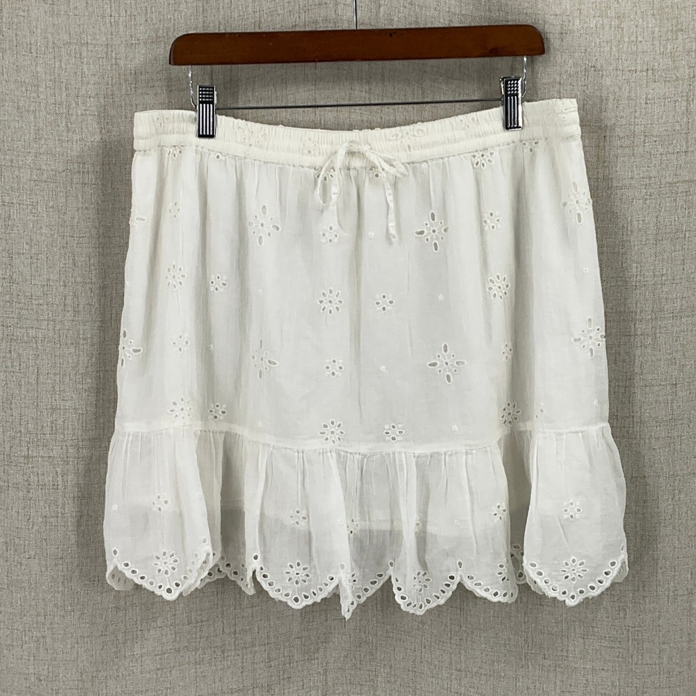 Aerie Skirt Womens XL White Cotton Eyelet Embroidered Ruffle Mini Cottagecore